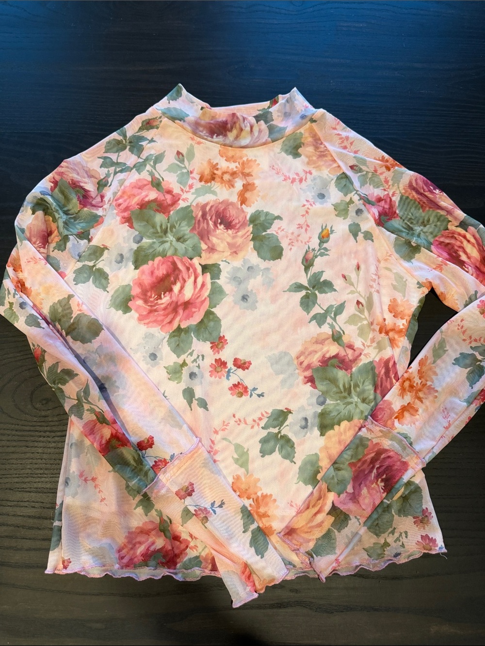 Panache Floral Long-Sleeve Mesh Top in Pink and Green